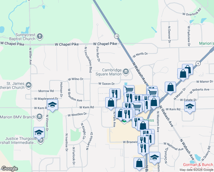 map of restaurants, bars, coffee shops, grocery stores, and more near 1627 West Fall Drive in Marion