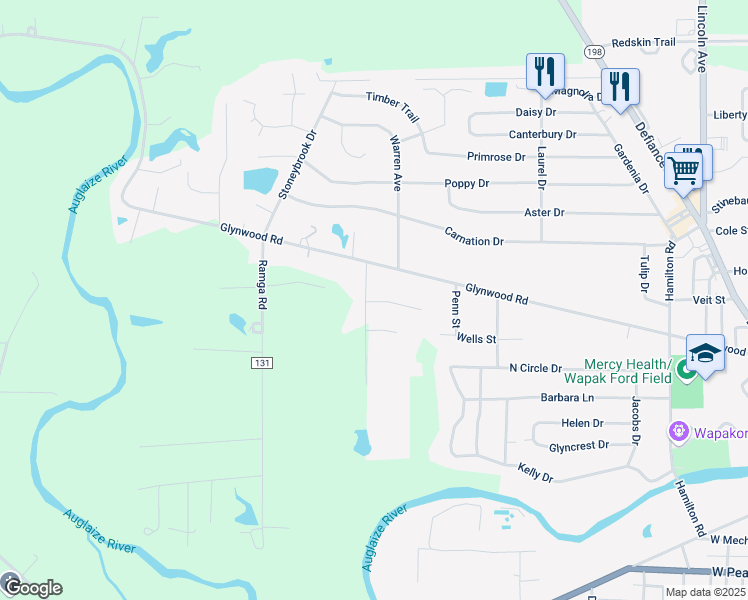 map of restaurants, bars, coffee shops, grocery stores, and more near 1015 Glynwood Road in Wapakoneta