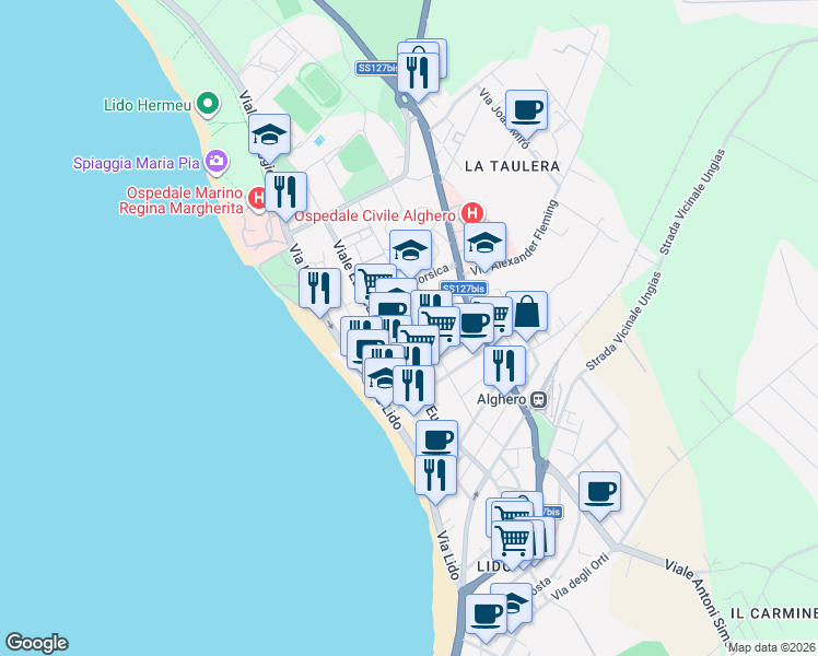 map of restaurants, bars, coffee shops, grocery stores, and more near 57 Viale Europa in Alghero
