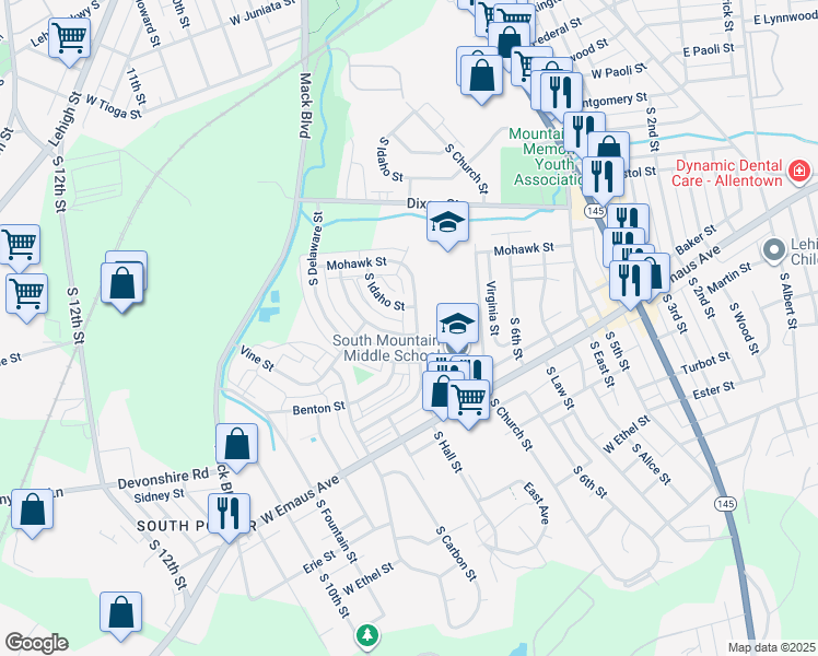 map of restaurants, bars, coffee shops, grocery stores, and more near 2014 South Hall Street in Allentown