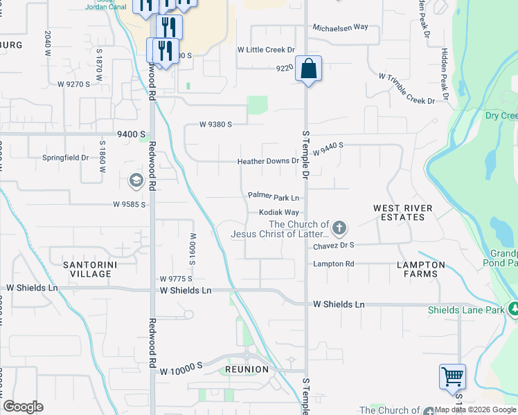 map of restaurants, bars, coffee shops, grocery stores, and more near 1391 Kodiak Way in South Jordan