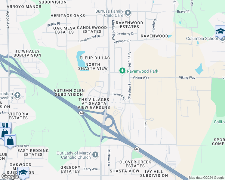 map of restaurants, bars, coffee shops, grocery stores, and more near 2525 Tarmac Road in Redding