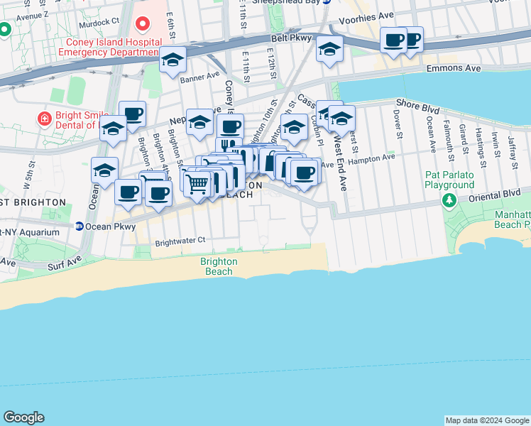 map of restaurants, bars, coffee shops, grocery stores, and more near 105 Oceana Drive West in Brooklyn
