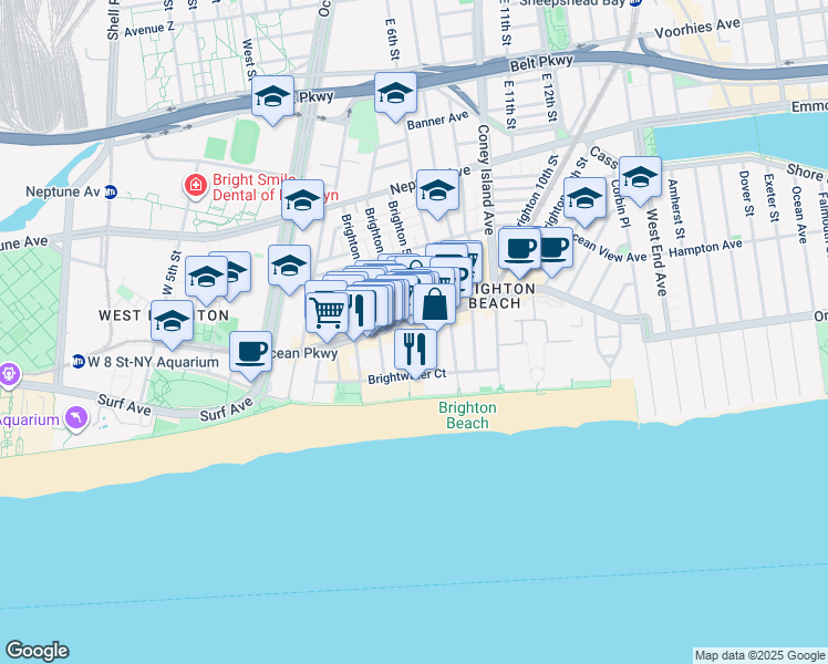 map of restaurants, bars, coffee shops, grocery stores, and more near 3110 Brighton 4th Street in Brooklyn