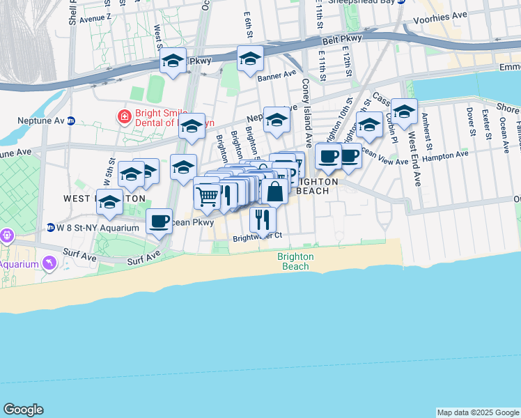 map of restaurants, bars, coffee shops, grocery stores, and more near 3110 Brighton 4th Street in Brooklyn