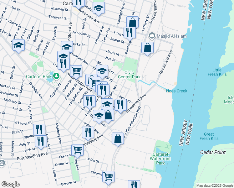 map of restaurants, bars, coffee shops, grocery stores, and more near 144 High Street in Carteret