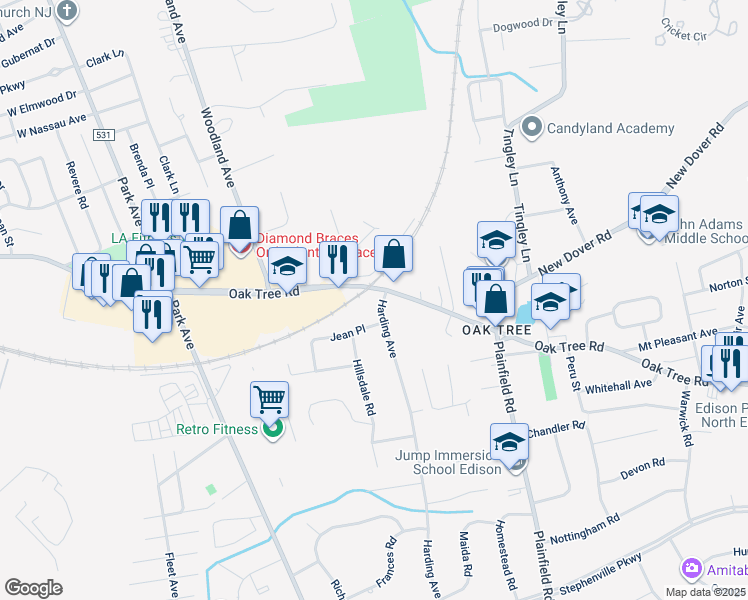 map of restaurants, bars, coffee shops, grocery stores, and more near 136 Harding Avenue in Edison