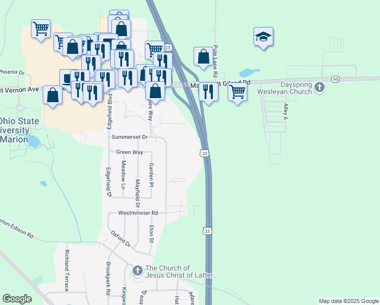 map of restaurants, bars, coffee shops, grocery stores, and more near 380 James Way in Marion