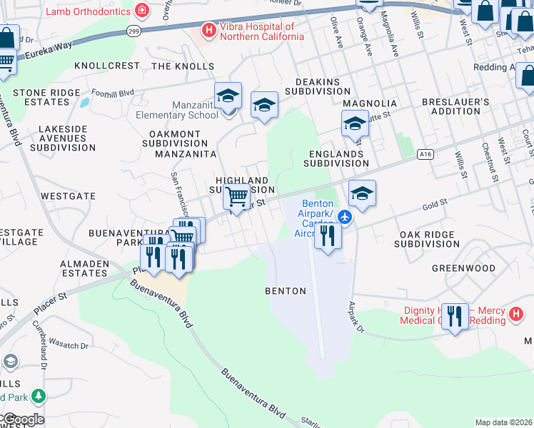 map of restaurants, bars, coffee shops, grocery stores, and more near 1735 Mesa Street in Redding