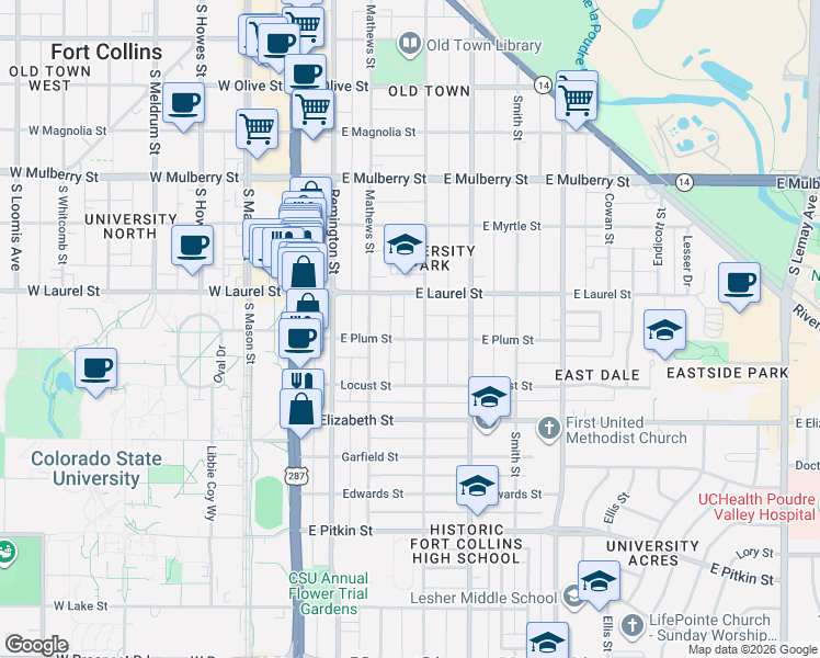 map of restaurants, bars, coffee shops, grocery stores, and more near 801 Peterson Street in Fort Collins