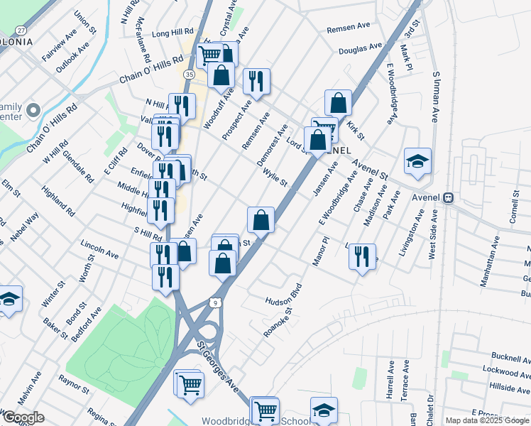 map of restaurants, bars, coffee shops, grocery stores, and more near 102 Minna Avenue in Woodbridge Township