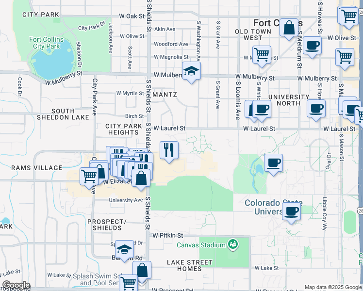 map of restaurants, bars, coffee shops, grocery stores, and more near 950 West Plum Street in Fort Collins
