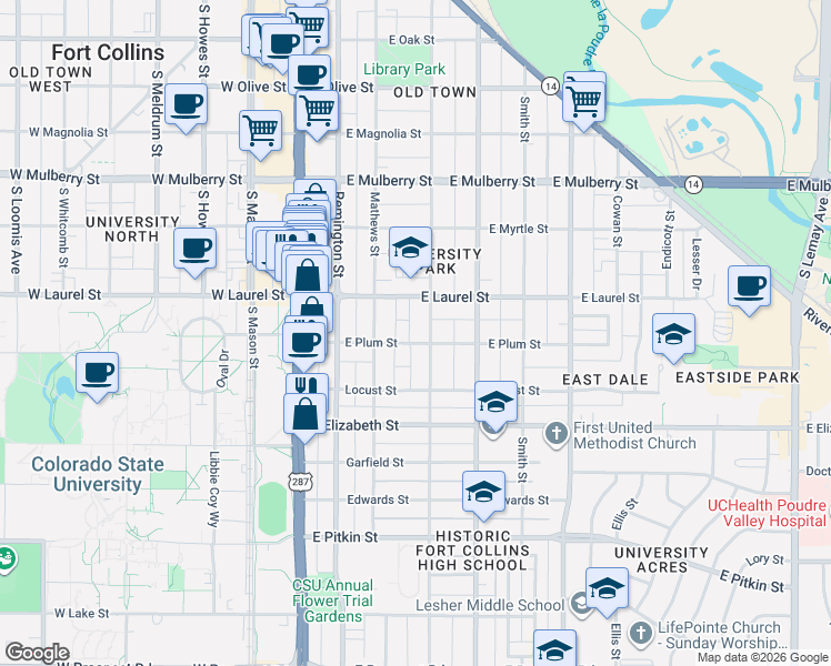 map of restaurants, bars, coffee shops, grocery stores, and more near 801 Peterson Street in Fort Collins