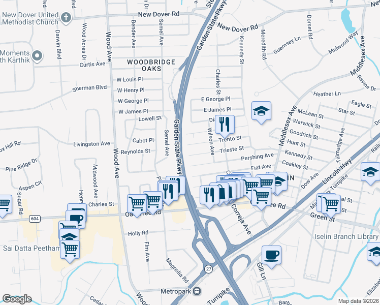 map of restaurants, bars, coffee shops, grocery stores, and more near 164 Pershing Avenue in Woodbridge Township