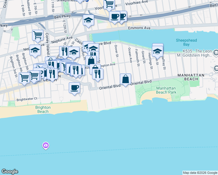 map of restaurants, bars, coffee shops, grocery stores, and more near 300 Oriental Boulevard in Brooklyn