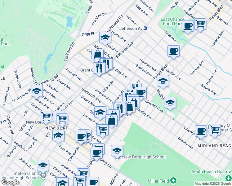 map of restaurants, bars, coffee shops, grocery stores, and more near 217 Greeley Avenue in Staten Island