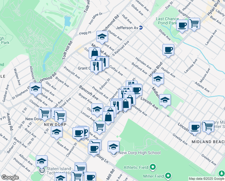 map of restaurants, bars, coffee shops, grocery stores, and more near 217 Greeley Avenue in Staten Island