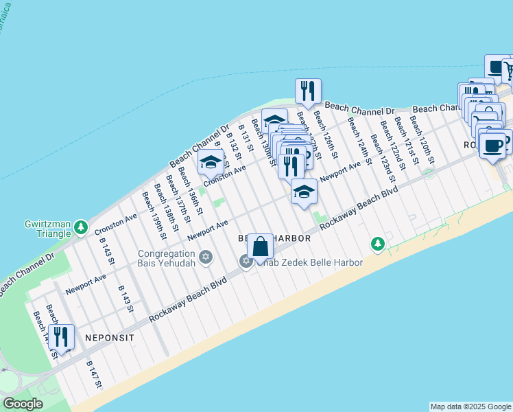map of restaurants, bars, coffee shops, grocery stores, and more near 133-05 Newport Avenue in Queens