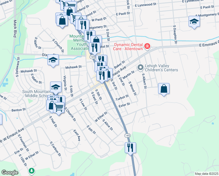 map of restaurants, bars, coffee shops, grocery stores, and more near 2303 South 4th Street in Allentown