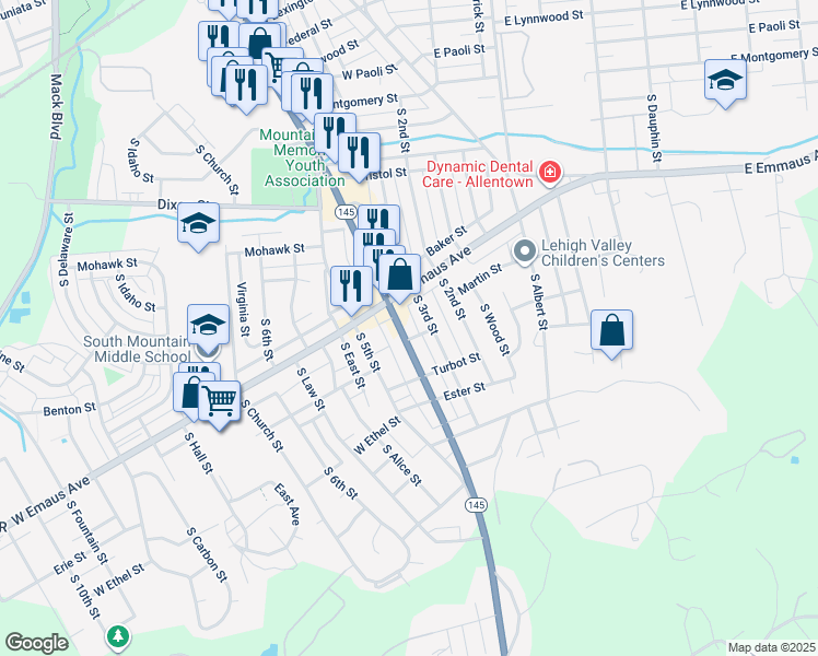 map of restaurants, bars, coffee shops, grocery stores, and more near 2303 South 4th Street in Allentown