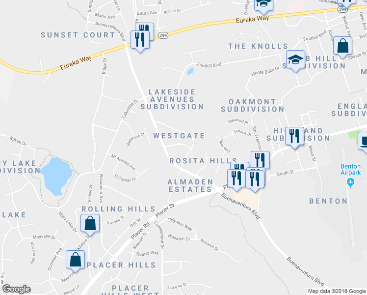 map of restaurants, bars, coffee shops, grocery stores, and more near 3735 Westgate Avenue in Redding