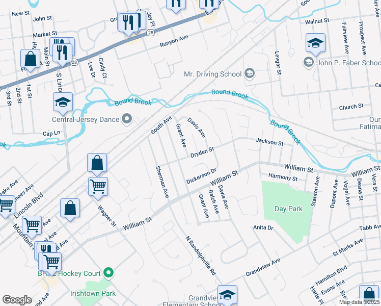 map of restaurants, bars, coffee shops, grocery stores, and more near 421 Dryden Street in Piscataway