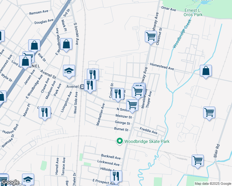 map of restaurants, bars, coffee shops, grocery stores, and more near 68 Harvard Avenue in Woodbridge Township