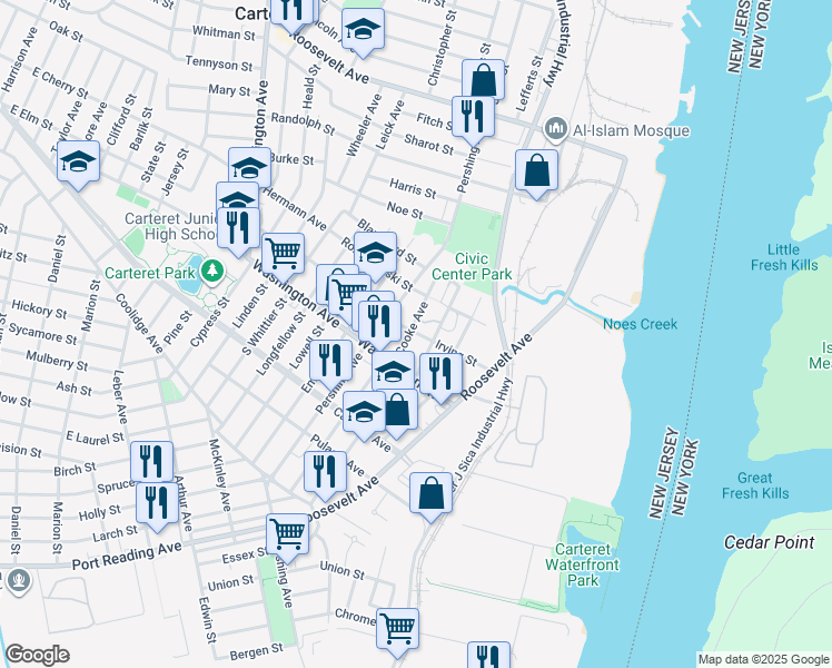 map of restaurants, bars, coffee shops, grocery stores, and more near 43 Irving Street in Carteret
