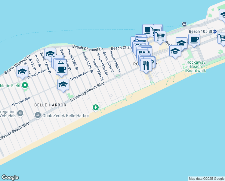 map of restaurants, bars, coffee shops, grocery stores, and more near 150 Beach 123rd Street in Queens