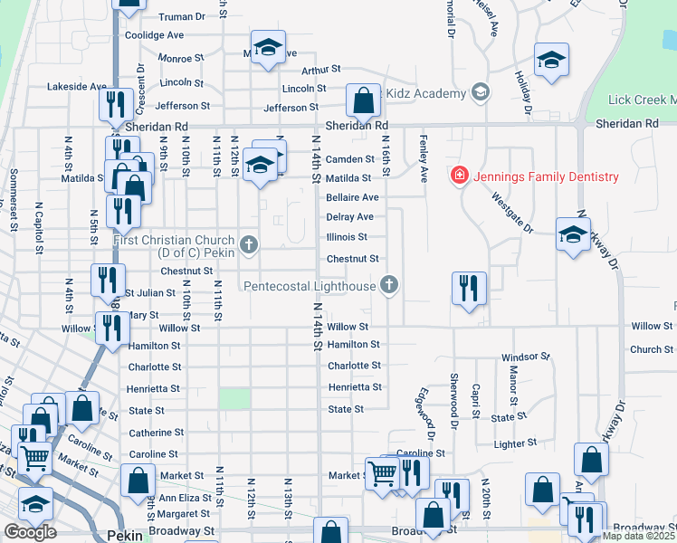 map of restaurants, bars, coffee shops, grocery stores, and more near 1409 Bush Street in Pekin