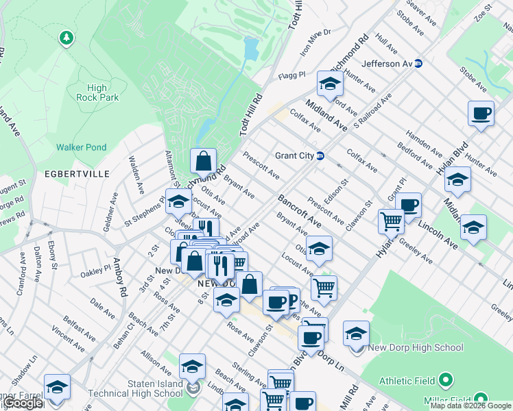 map of restaurants, bars, coffee shops, grocery stores, and more near 1283 North Railroad Avenue in Staten Island