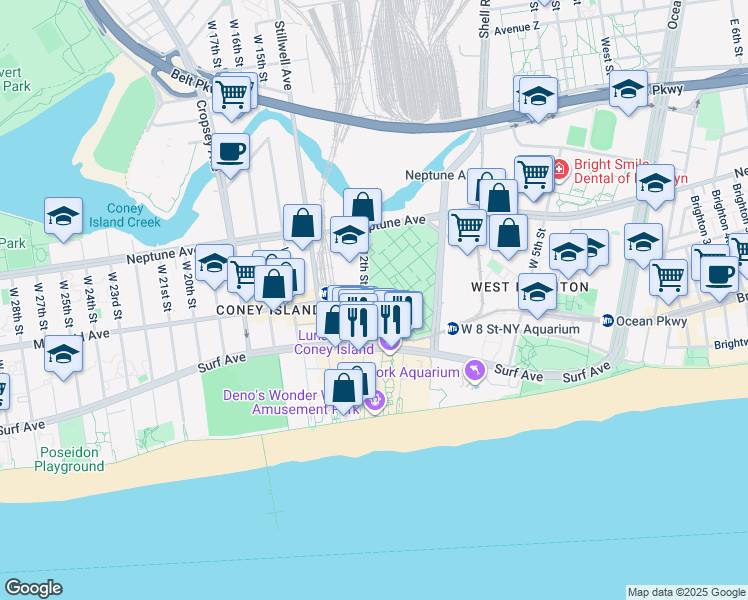 map of restaurants, bars, coffee shops, grocery stores, and more near 2885 West 12th Street in Brooklyn