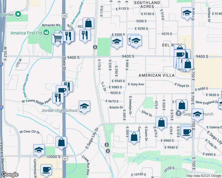 map of restaurants, bars, coffee shops, grocery stores, and more near 240 T.J. Drive in Sandy