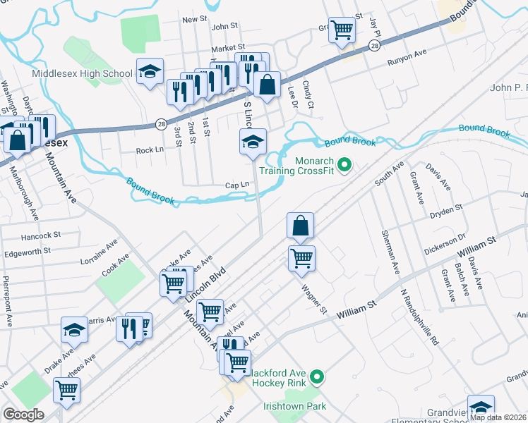 map of restaurants, bars, coffee shops, grocery stores, and more near 240 South Lincoln Avenue in Middlesex