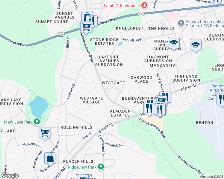 map of restaurants, bars, coffee shops, grocery stores, and more near 3791 Westgate Avenue in Redding