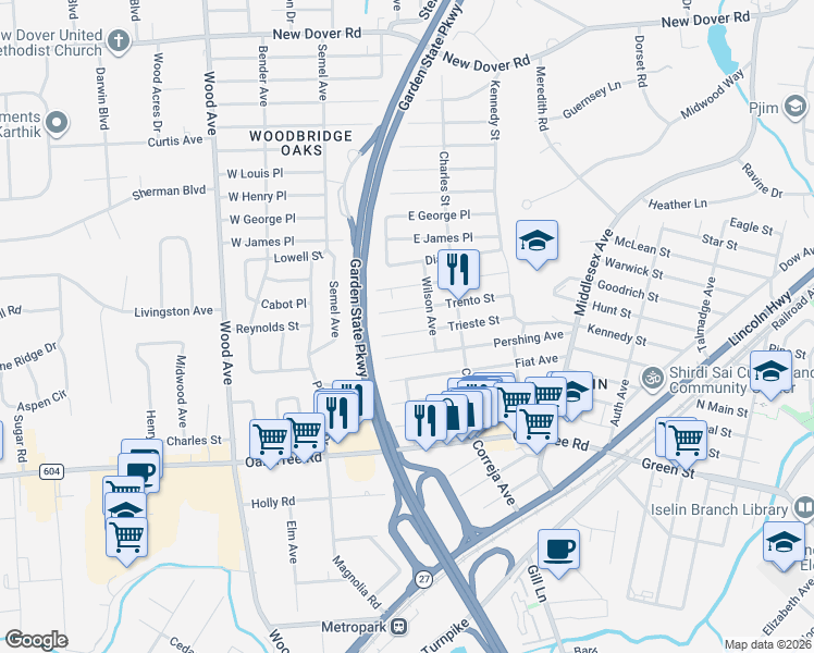 map of restaurants, bars, coffee shops, grocery stores, and more near 100 Trieste Street in Woodbridge Township