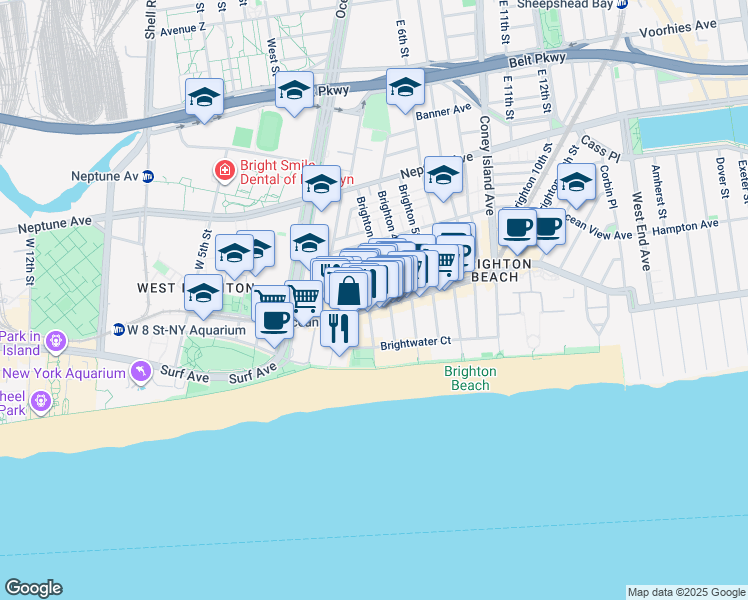 map of restaurants, bars, coffee shops, grocery stores, and more near 3089 Brighton 2nd Street in Brooklyn