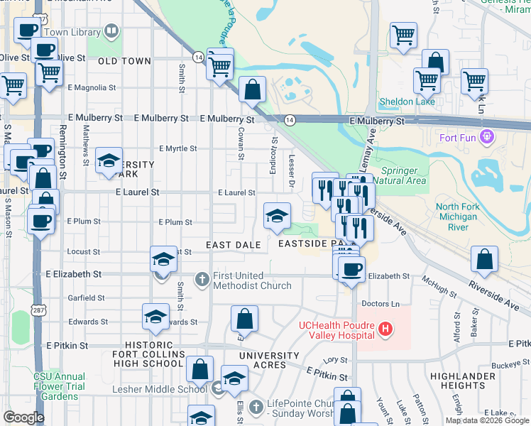 map of restaurants, bars, coffee shops, grocery stores, and more near 727 Colorado Street in Fort Collins