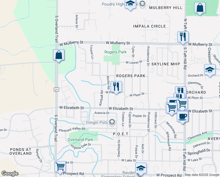 map of restaurants, bars, coffee shops, grocery stores, and more near 900 Rocky Road in Fort Collins