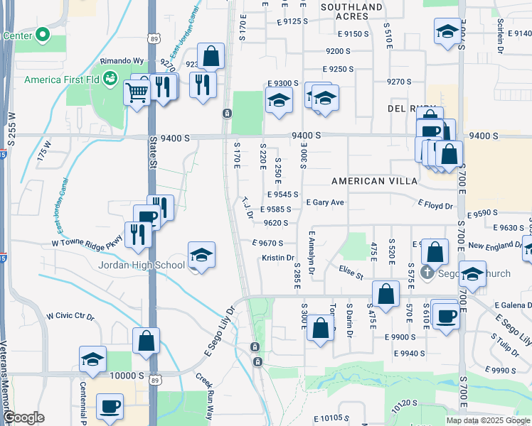 map of restaurants, bars, coffee shops, grocery stores, and more near 240 T.J. Drive in Sandy