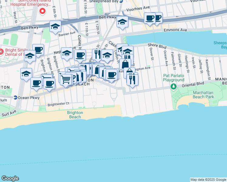 map of restaurants, bars, coffee shops, grocery stores, and more near 3131 Brighton 13th Street in Brooklyn