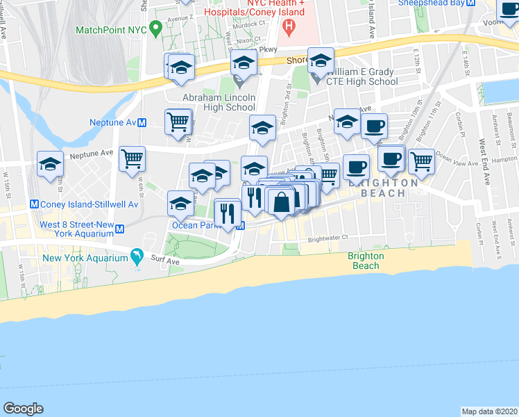map of restaurants, bars, coffee shops, grocery stores, and more near 105 Brighton Beach Avenue in Brooklyn