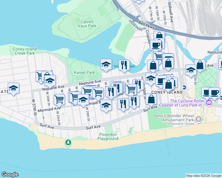 map of restaurants, bars, coffee shops, grocery stores, and more near 2850 West 24th Street in Brooklyn