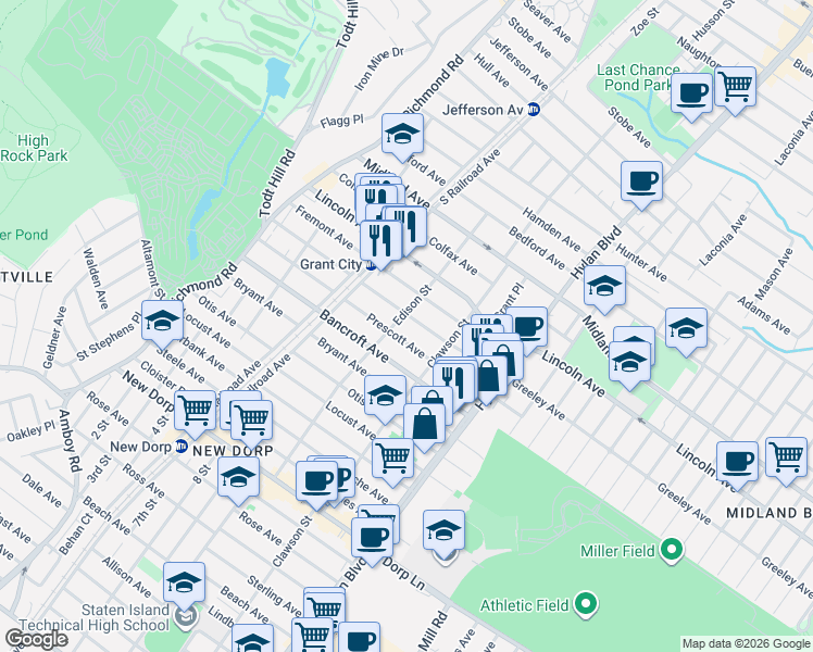 map of restaurants, bars, coffee shops, grocery stores, and more near 187 Bancroft Avenue in Staten Island