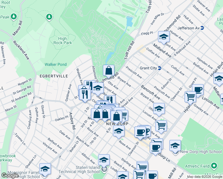 map of restaurants, bars, coffee shops, grocery stores, and more near 55 Burbank Avenue in Staten Island
