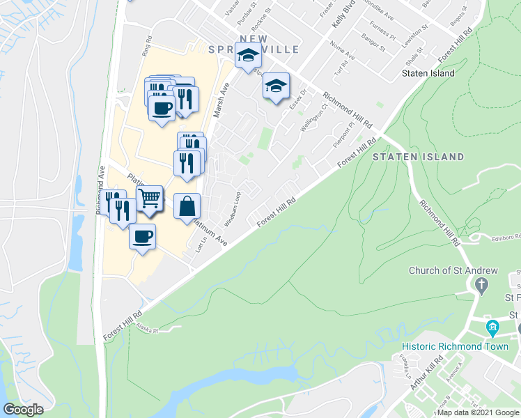 map of restaurants, bars, coffee shops, grocery stores, and more near 61 Rumson Road in Staten Island