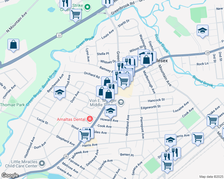 map of restaurants, bars, coffee shops, grocery stores, and more near 570 Union Avenue in Middlesex