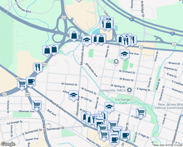 map of restaurants, bars, coffee shops, grocery stores, and more near 121 Mercer Street in Somerville