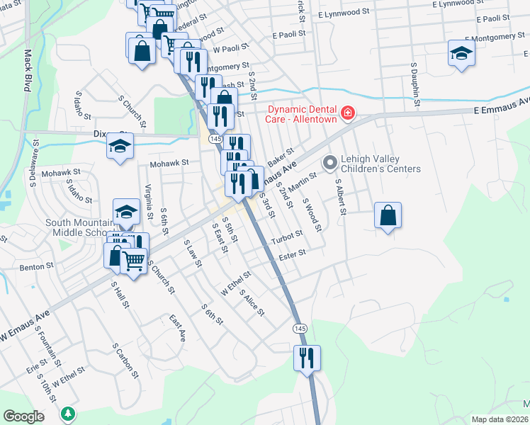 map of restaurants, bars, coffee shops, grocery stores, and more near 2323 South 4th Street in Allentown