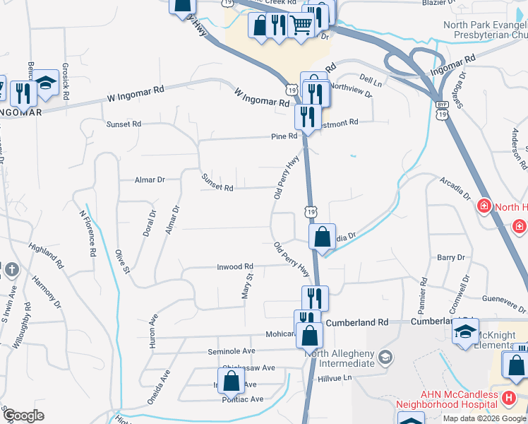 map of restaurants, bars, coffee shops, grocery stores, and more near 9401 Old Perry Highway in Pittsburgh